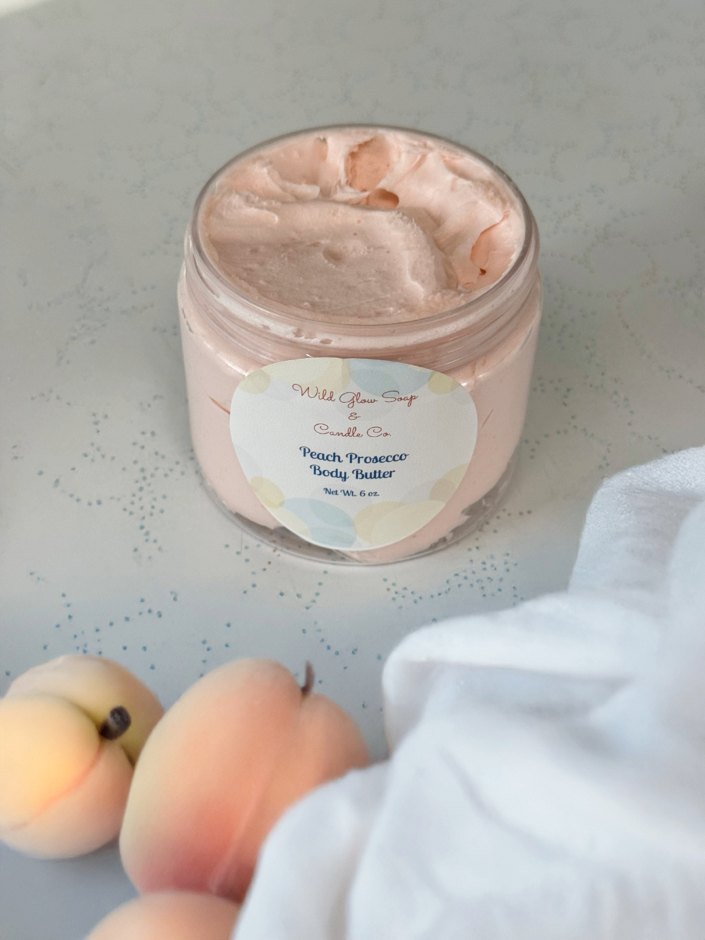 Premium Handcrafted Peach Prosecco Whipped Body Butter w /Vitamin E - 6 oz. w/ Organic Oils